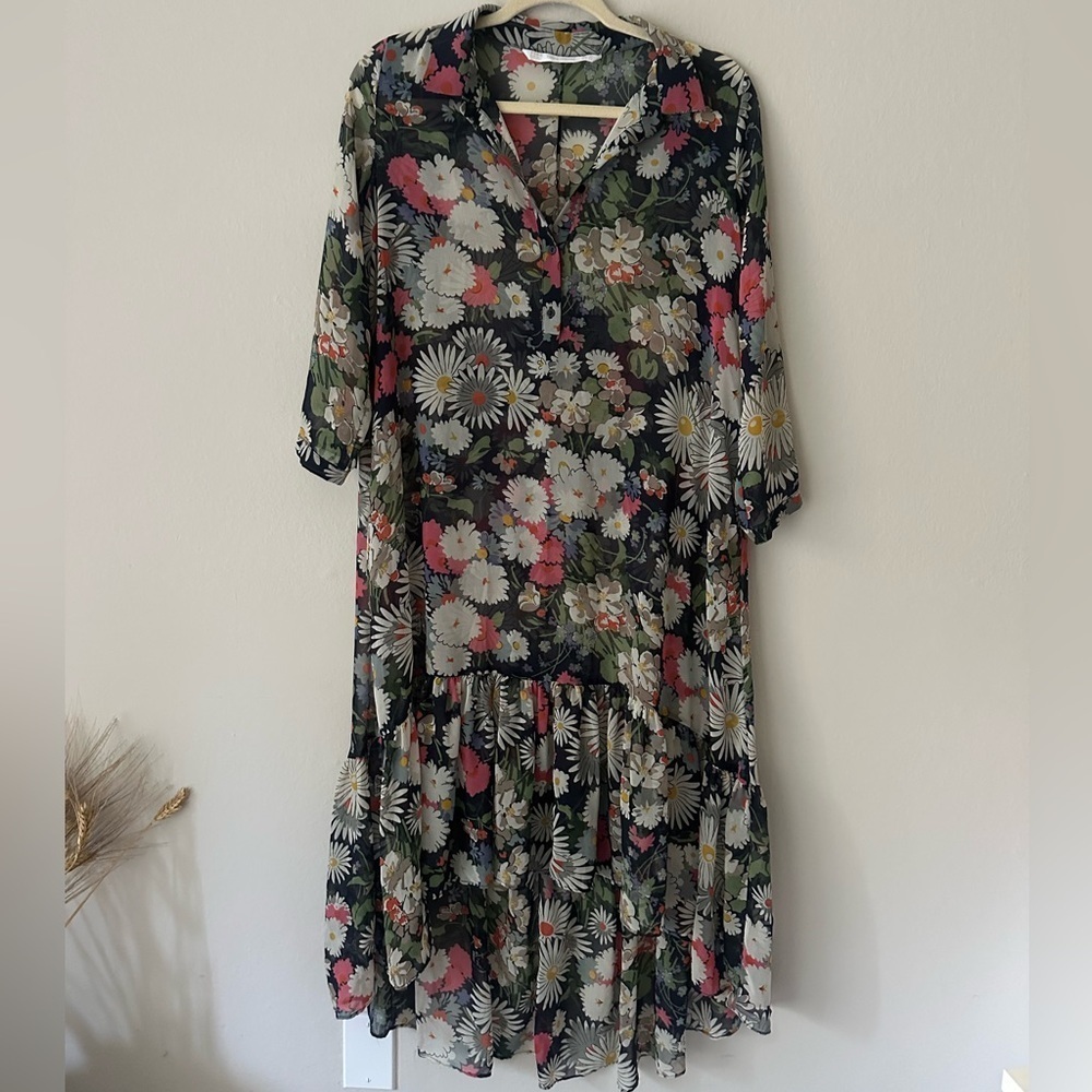 Zara Floral transparent boho blogger Midi Shirt Duster Dress Navy M